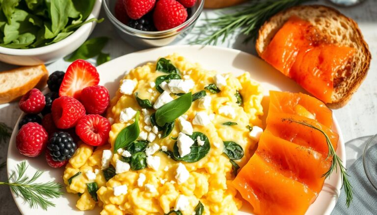 Creamy scrambled eggs enhanced with spinach, feta, and smoked salmon