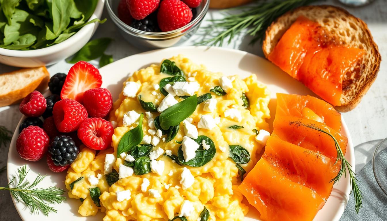 Creamy scrambled eggs enhanced with spinach, feta, and smoked salmon