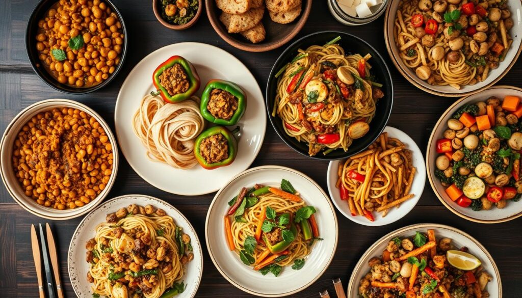 Array of vegan gluten free dinner dishes including curry, stuffed vegetables, and pasta alternatives Array of vegan gluten free dinner dishes including curry, stuffed vegetables, and pasta alternatives