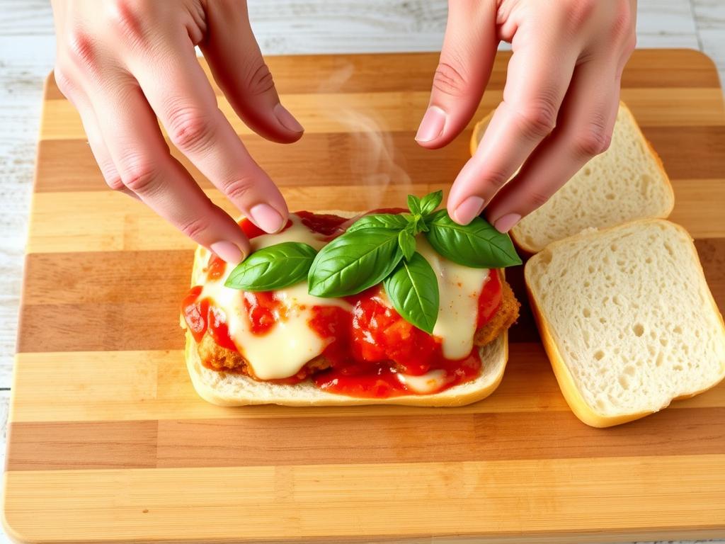 Assembling the final chicken parm sandwich with fresh basil