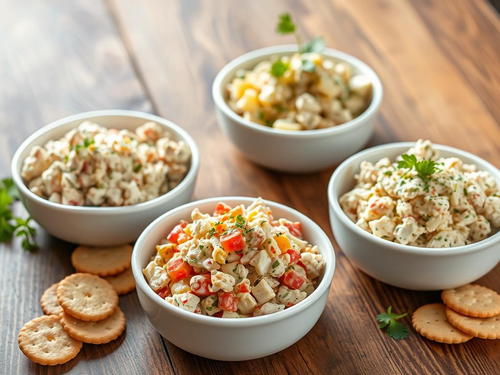 Assortment of colorful Chicken Salad Chick signature flavors in serving bowls
