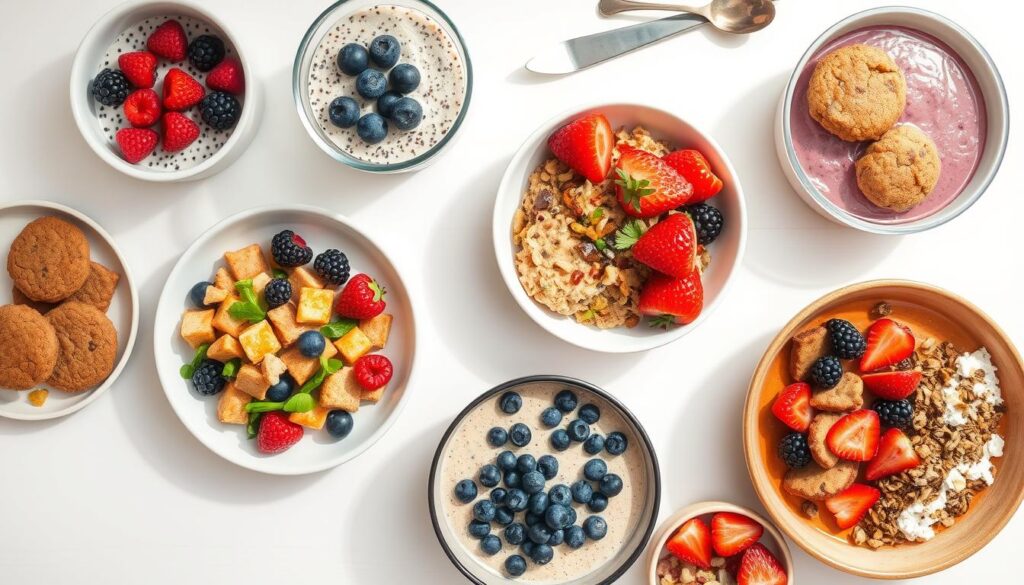 Assortment of vegan gluten free breakfast options including chia pudding, tofu scramble, and breakfast cookies Assortment of vegan gluten free breakfast options including chia pudding, tofu scramble, and breakfast cookies