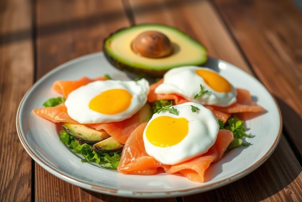 Avocado and smoked salmon breakfast plate with eggs