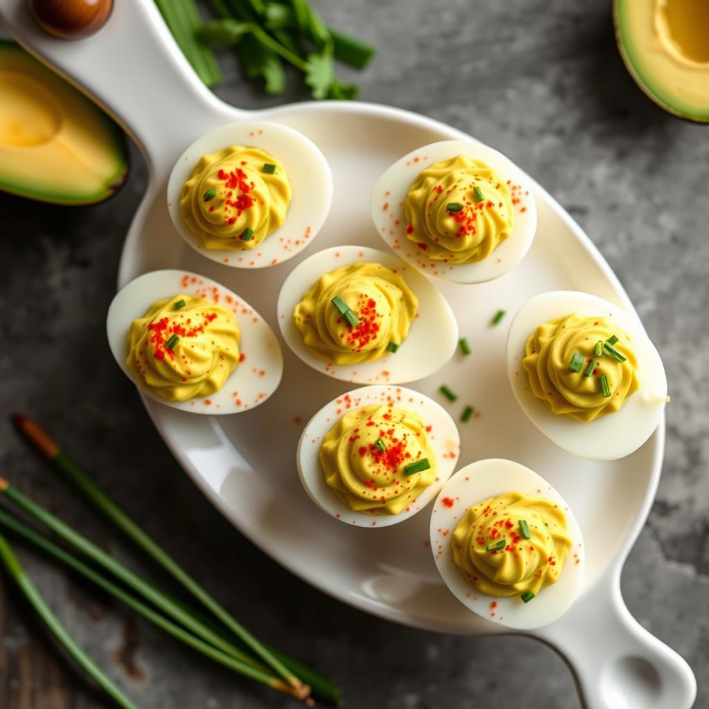 Avocado deviled eggs on a serving platter