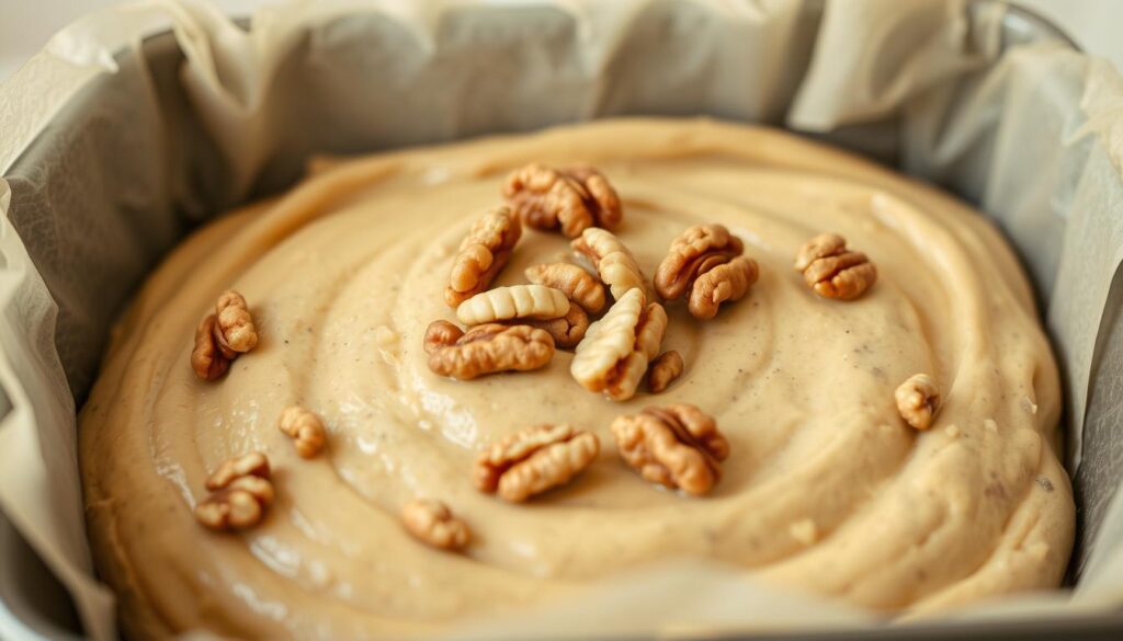 Banana Nut Bread batter in a loaf pan ready for baking Banana Nut Bread batter in a loaf pan ready for baking