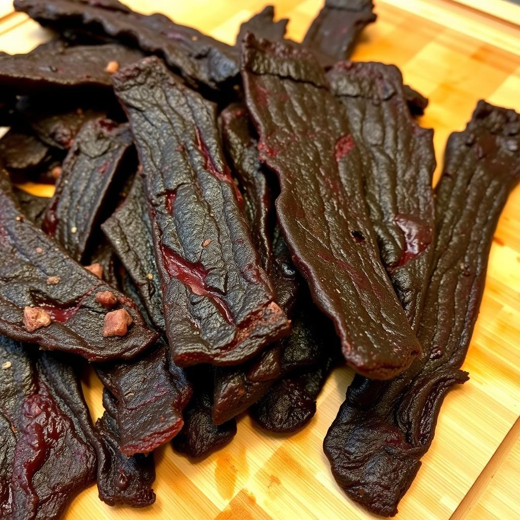 Beef jerky strips on a wooden board for carnivore diet snacks