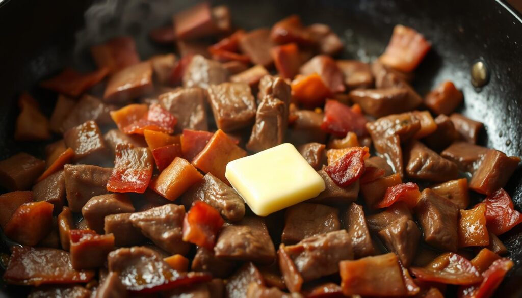 Beef liver stir-fry with bacon in a cast iron skillet for carnivore diet dinner