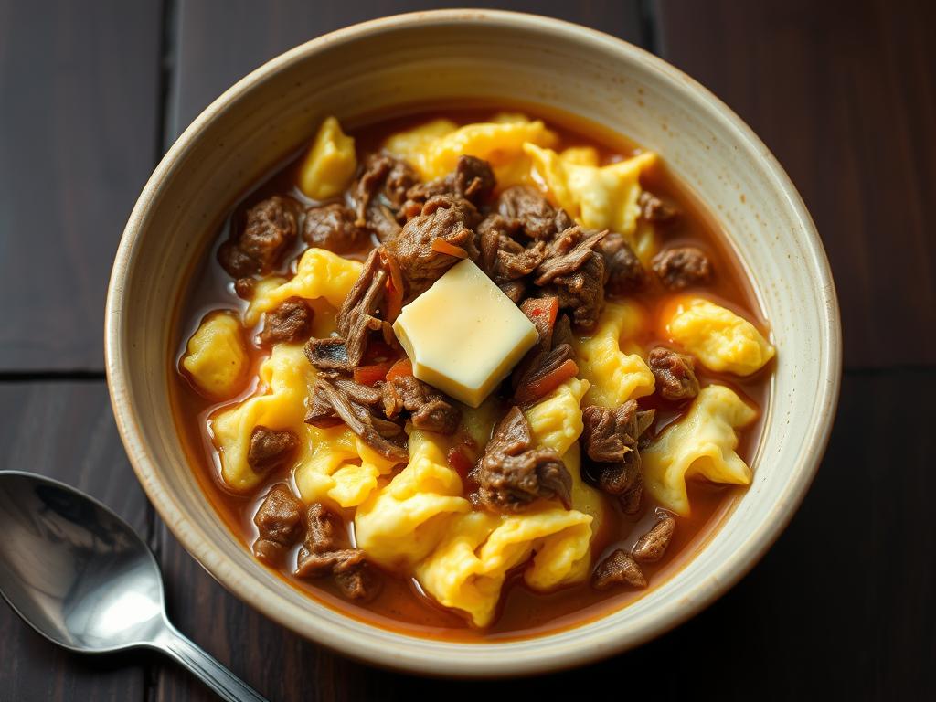 Bone broth scramble with chunks of meat and scrambled eggs in a bowl