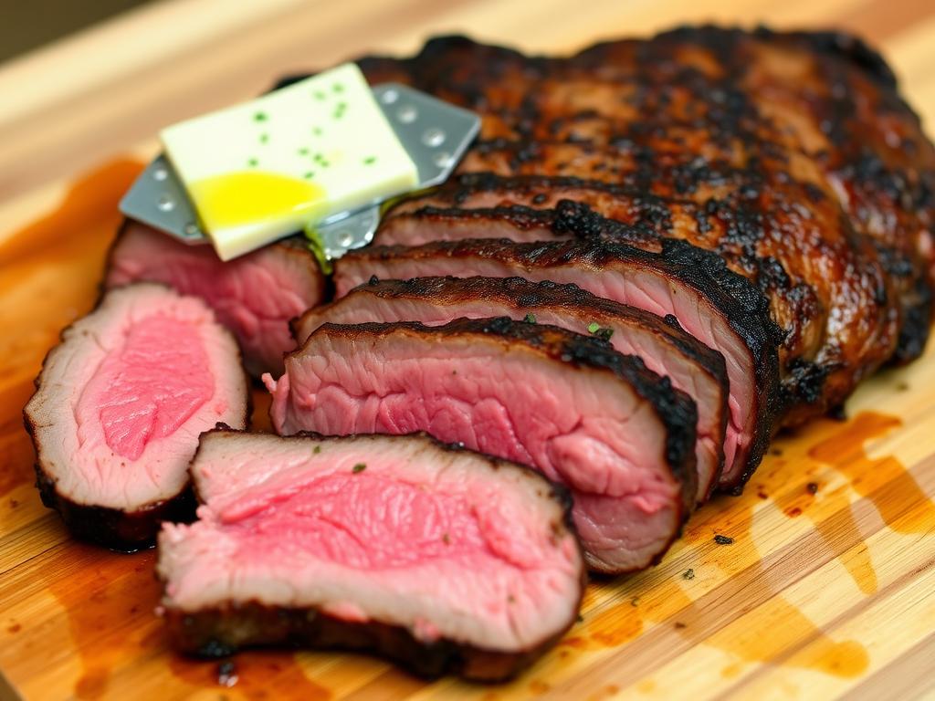 Butter-basted sirloin steak sliced on a wooden cutting board