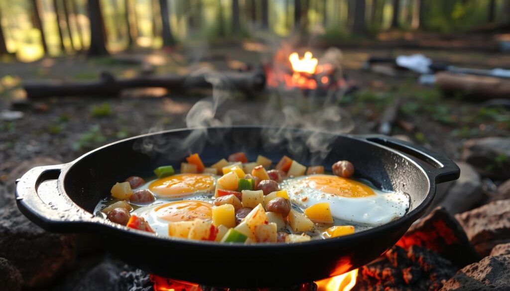 Campfire breakfast skillet with eggs, potatoes, and sausage cooking in a cast iron pan Campfire breakfast skillet with eggs, potatoes, and sausage cooking in a cast iron pan