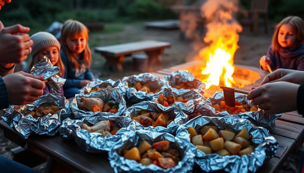 Campfire foil packet meals with chicken, vegetables, and potatoes Campfire foil packet meals with chicken, vegetables, and potatoes