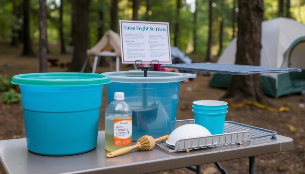 Camping dishwashing station with biodegradable soap and water containers Camping dishwashing station with biodegradable soap and water containers