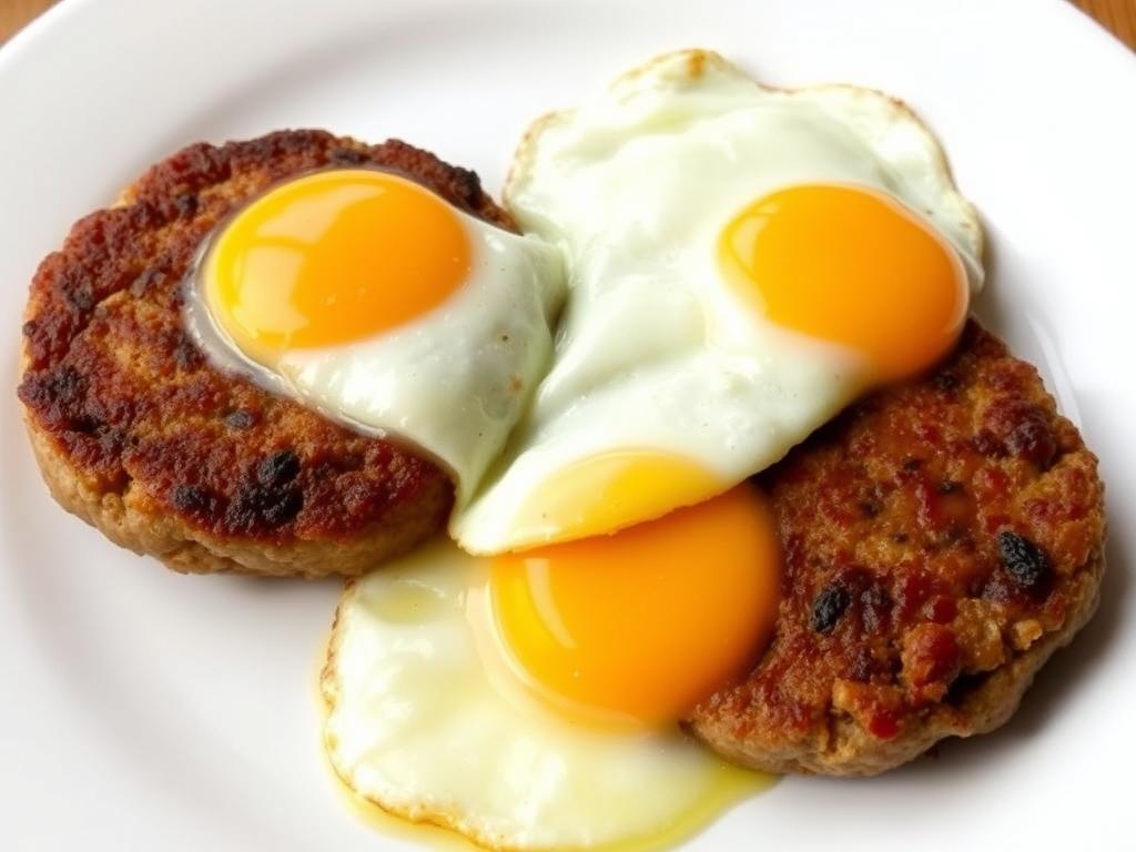 Carnivore breakfast sausage patties with fried eggs on a plate