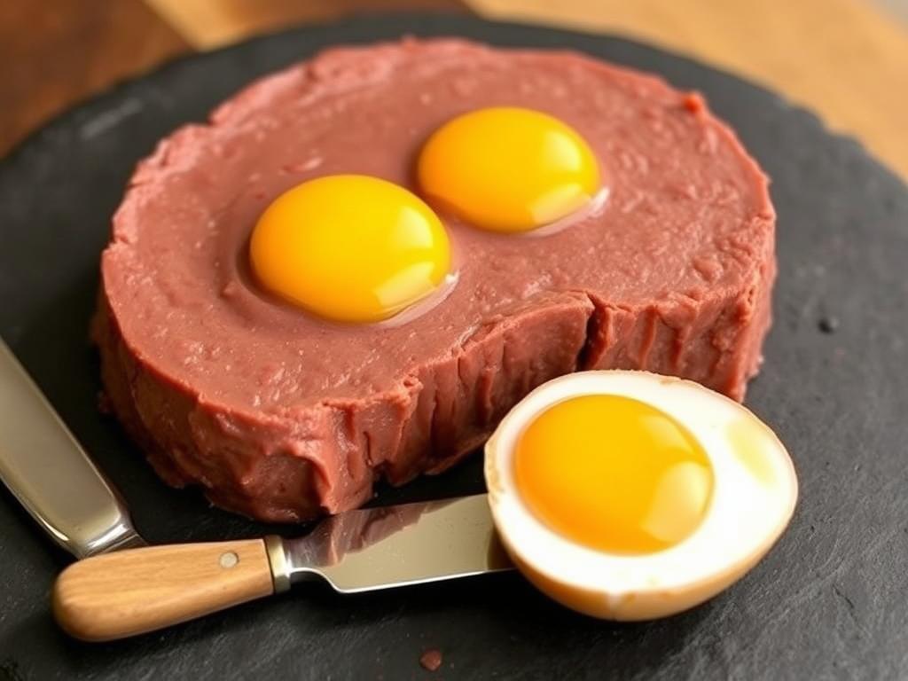 Carnivore diet beef liver pâté with egg yolks on a plate