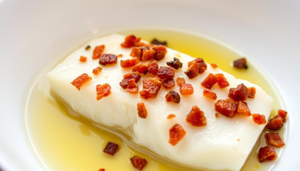 Carnivore diet butter-poached cod with crispy bacon bits