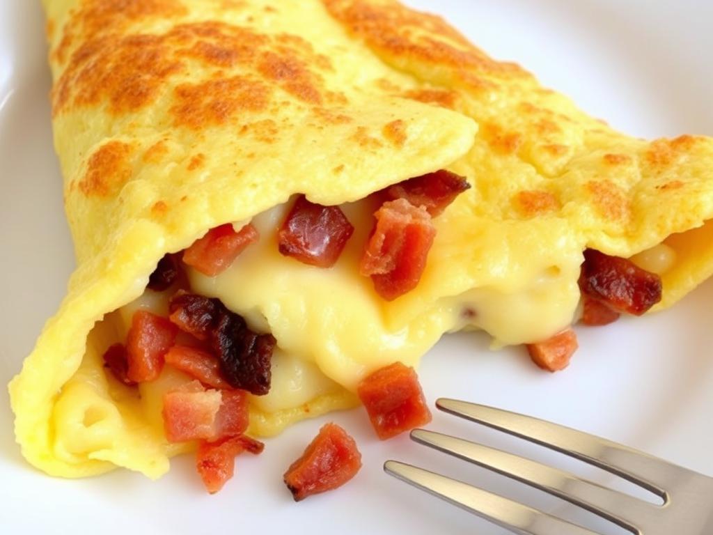 Carnivore diet cheese omelette with bacon bits folded inside