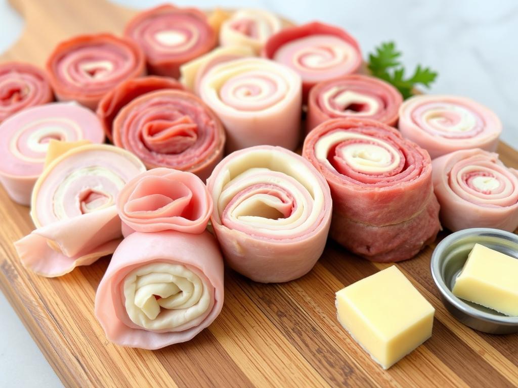 Carnivore diet cold cut roll-ups with cheese on a serving platter