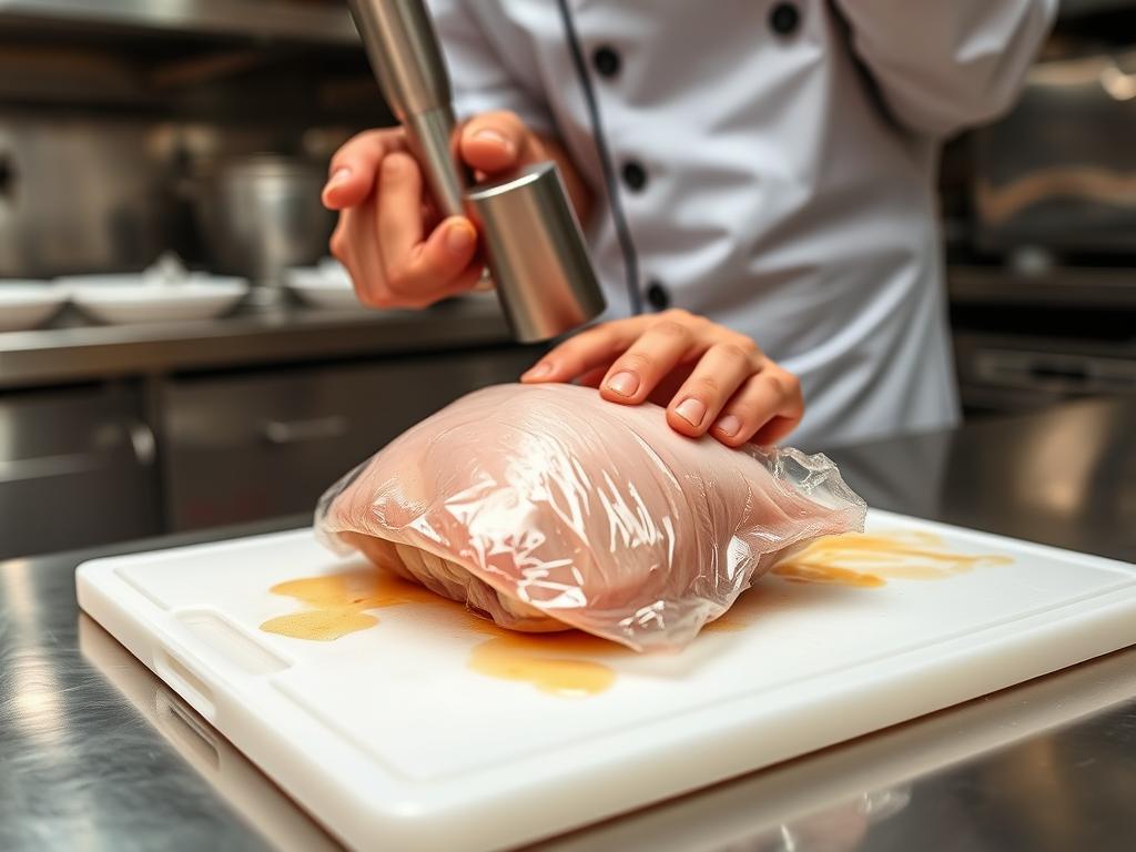 Chef demonstrating proper chicken pounding technique Chef demonstrating proper chicken pounding technique
