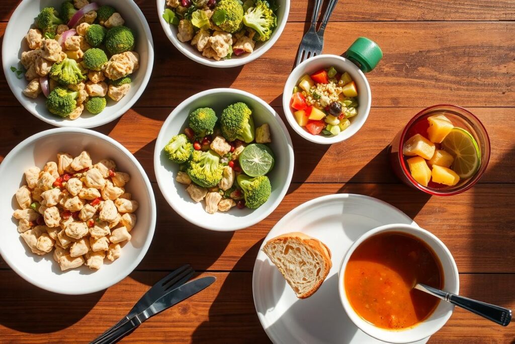 Chicken Salad Chick side dishes including pasta salad, fresh fruit, and soup