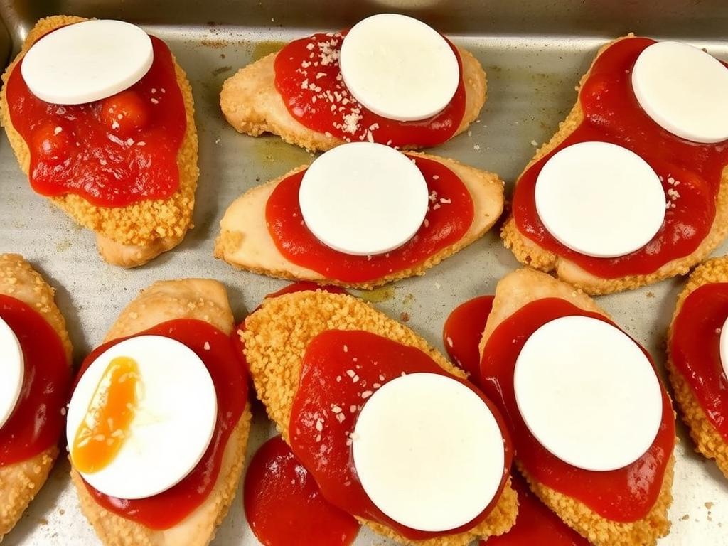 Chicken cutlets topped with sauce and cheese ready for broiling