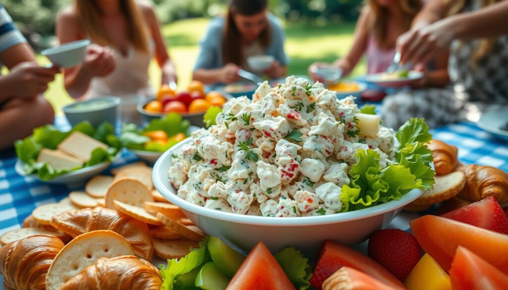 Chicken salad being served at a picnic table with various sides Chicken salad being served at a picnic table with various sides