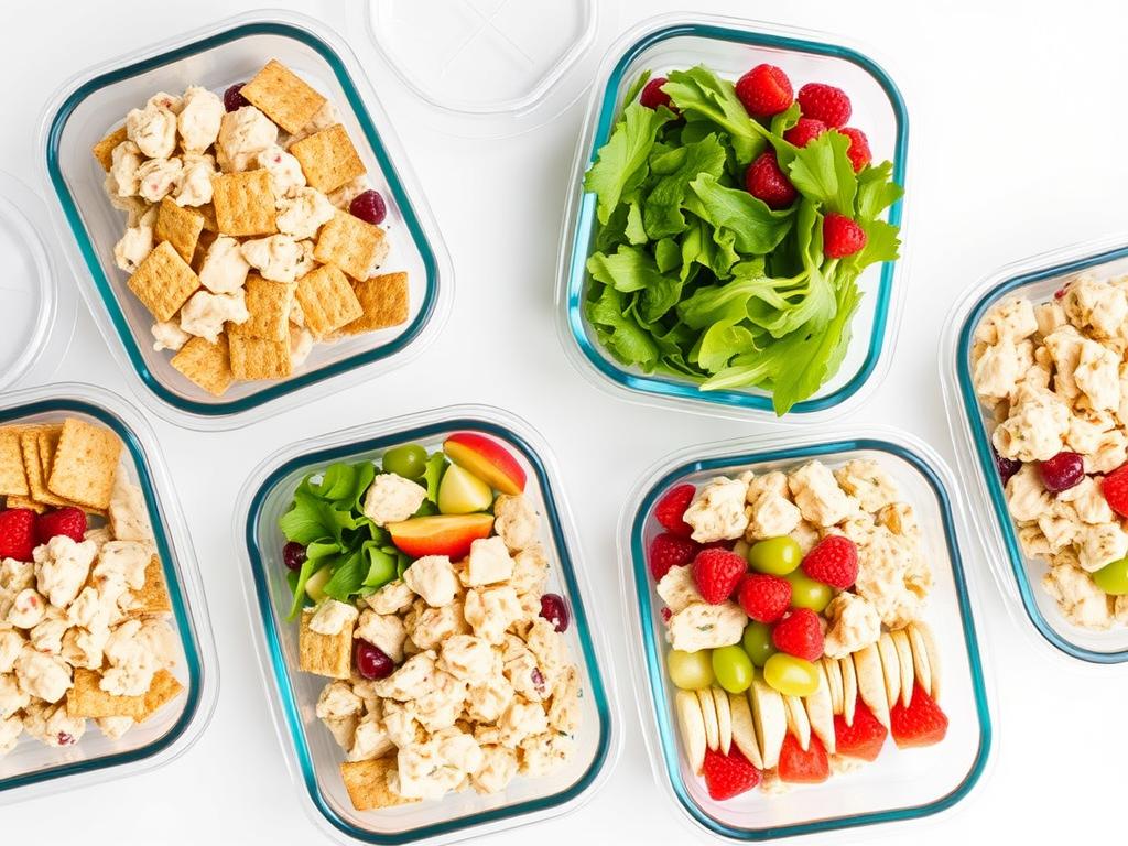 Chicken salad in meal prep containers with various sides Chicken salad in meal prep containers with various sides
