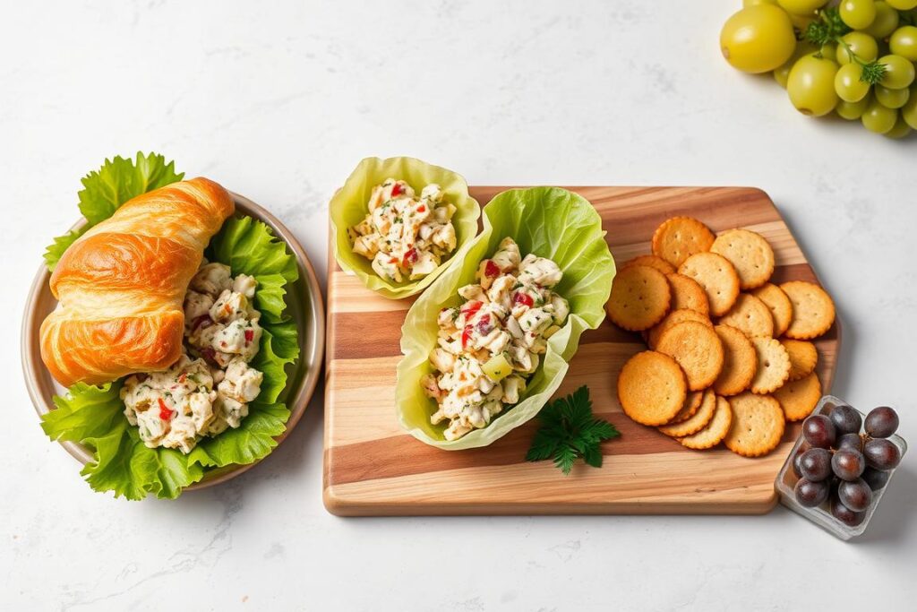 Chicken salad served three ways: on a croissant, in lettuce cups, and with crackers Chicken salad served three ways: on a croissant, in lettuce cups, and with crackers