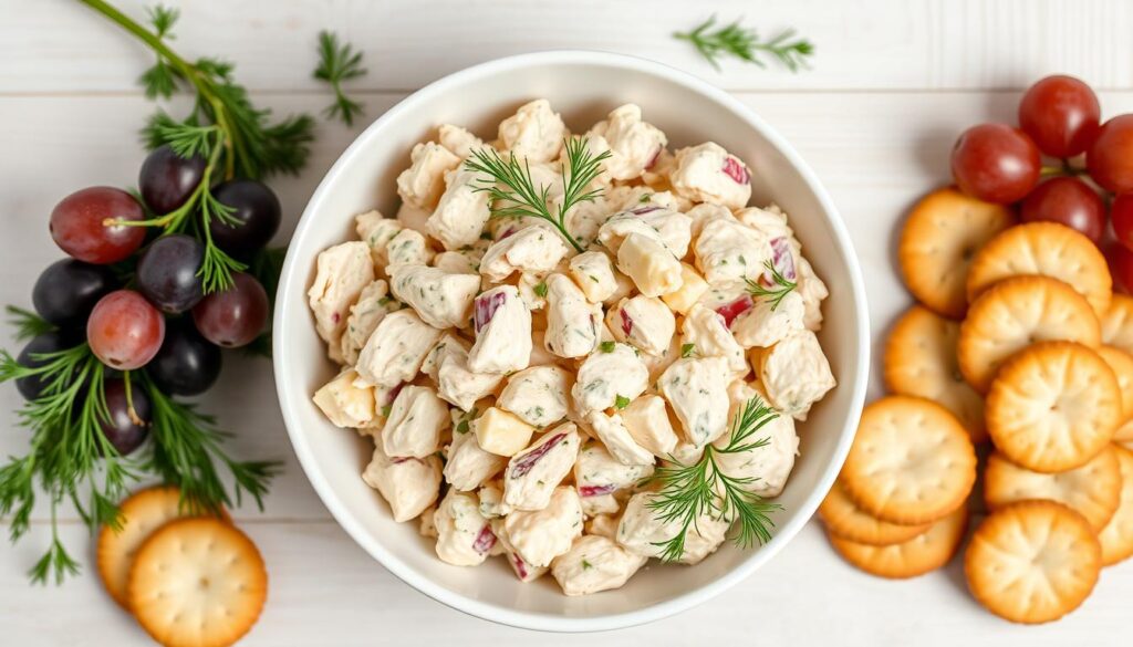 Classic chicken salad recipe served in a bowl with crackers and fresh herbs Classic chicken salad recipe served in a bowl with crackers and fresh herbs