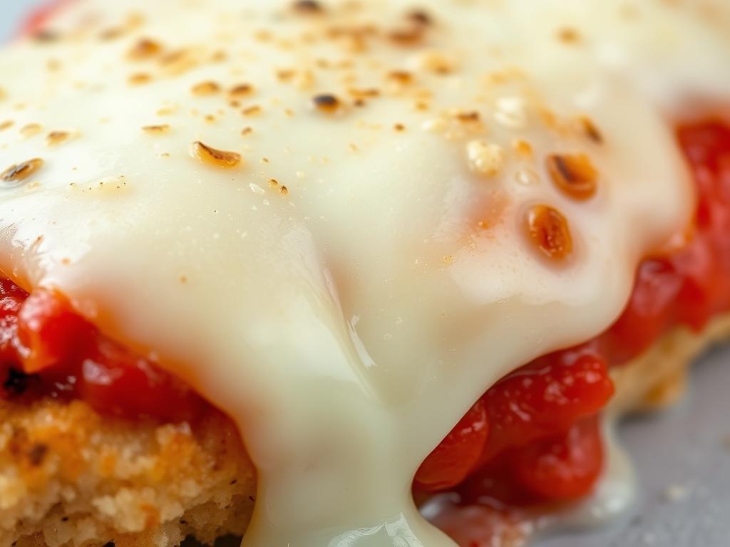 Close-up of perfectly melted cheese on chicken parmesan Close-up of perfectly melted cheese on chicken parmesan