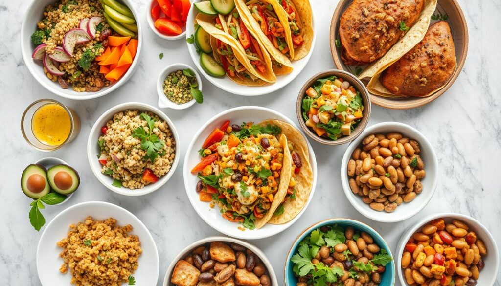 Collection of vegan gluten free lunch options including Buddha bowls, wraps, and salads Collection of vegan gluten free lunch options including Buddha bowls, wraps, and salads