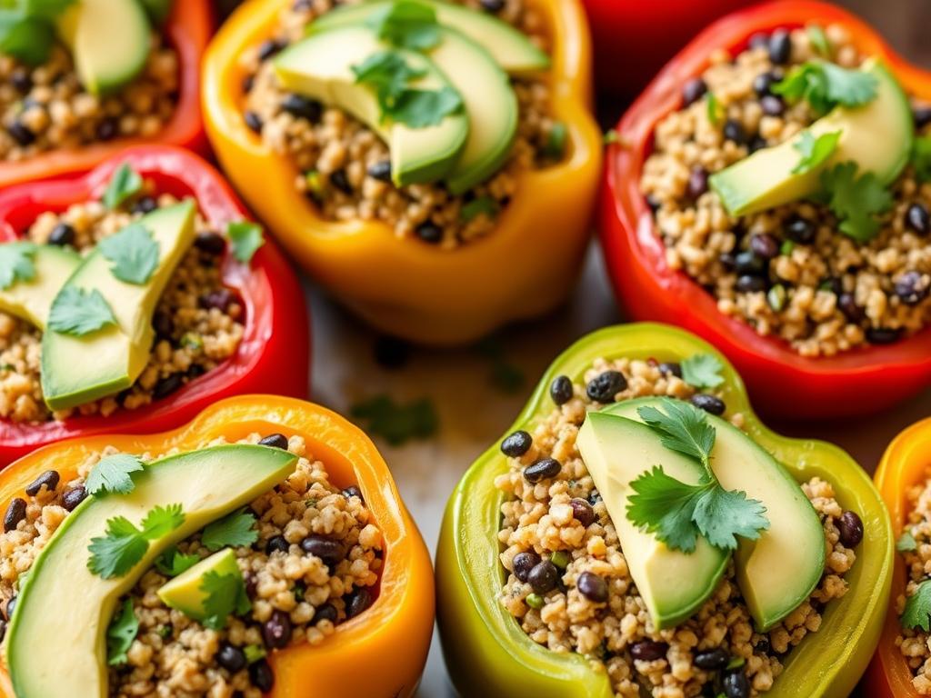 Colorful quinoa stuffed bell peppers topped with avocado Colorful quinoa stuffed bell peppers topped with avocado