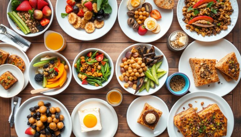 Colorful spread of vegan gluten free recipes including breakfast bowls, lunch options, dinner plates and desserts