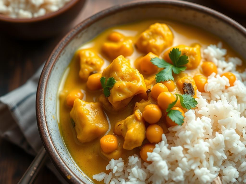 Creamy cauliflower and chickpea curry served with rice Creamy cauliflower and chickpea curry served with rice