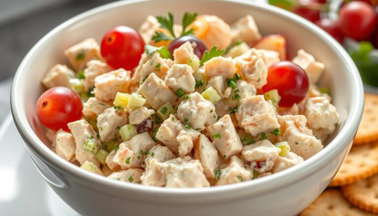 Creamy chicken salad with celery, grapes and herbs in a white bowl with crackers on the side