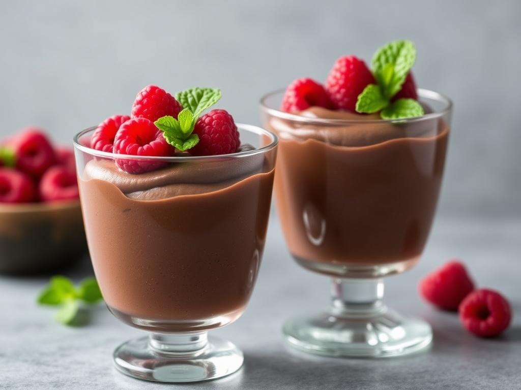 Creamy chocolate avocado mousse topped with berries in glass cups Creamy chocolate avocado mousse topped with berries in glass cups