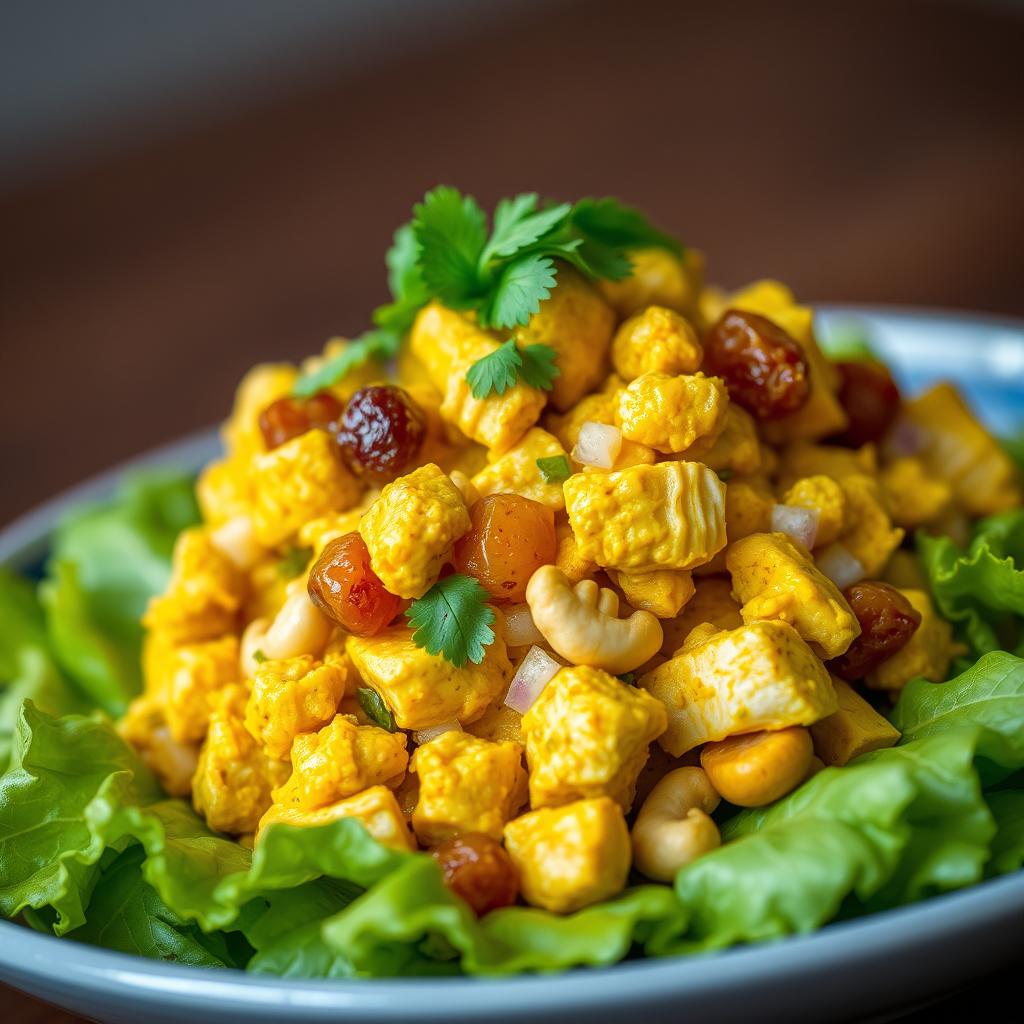 Curry chicken salad with golden color and raisins Curry chicken salad with golden color and raisins