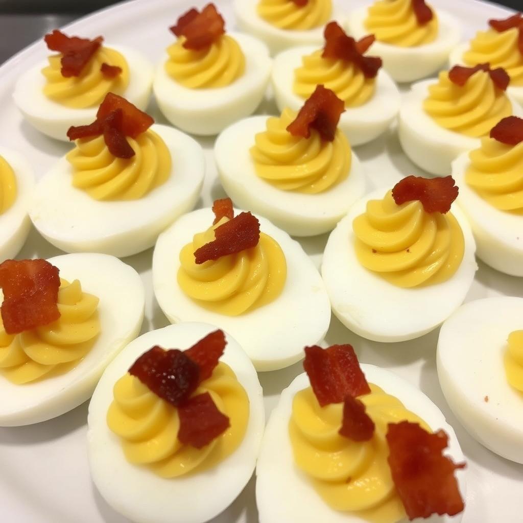 Deviled eggs with bacon bits on a serving platter for carnivore diet snacks