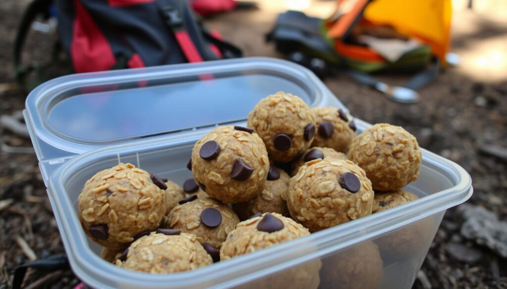 Energy balls with various ingredients in a container at a campsite Energy balls with various ingredients in a container at a campsite