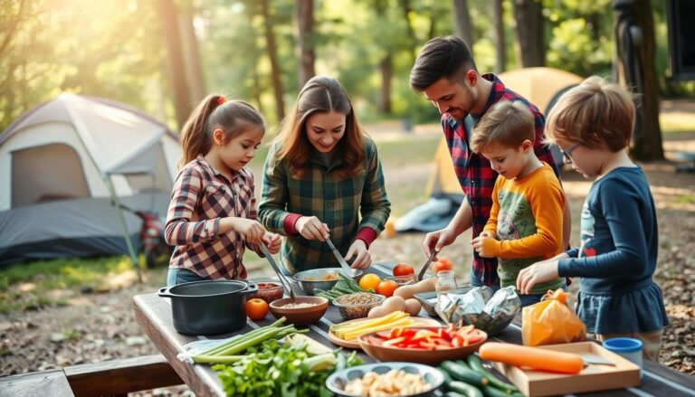 Family camping meal preparation with ingredients laid out on a picnic table