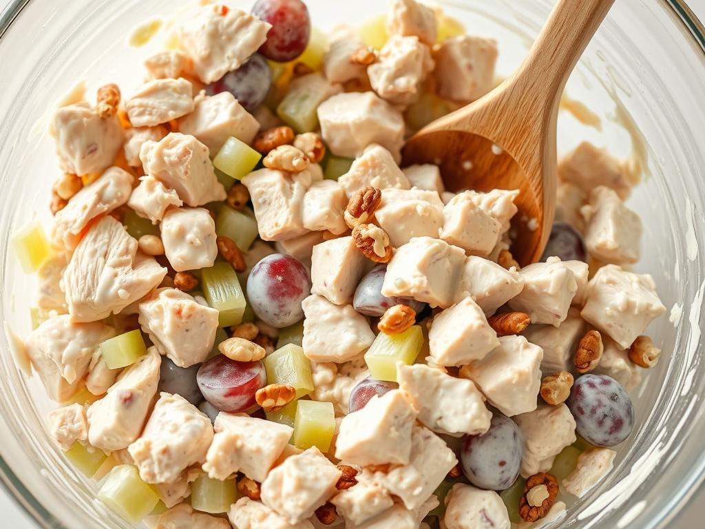 Finished chicken salad being mixed in a large glass bowl Finished chicken salad being mixed in a large glass bowl