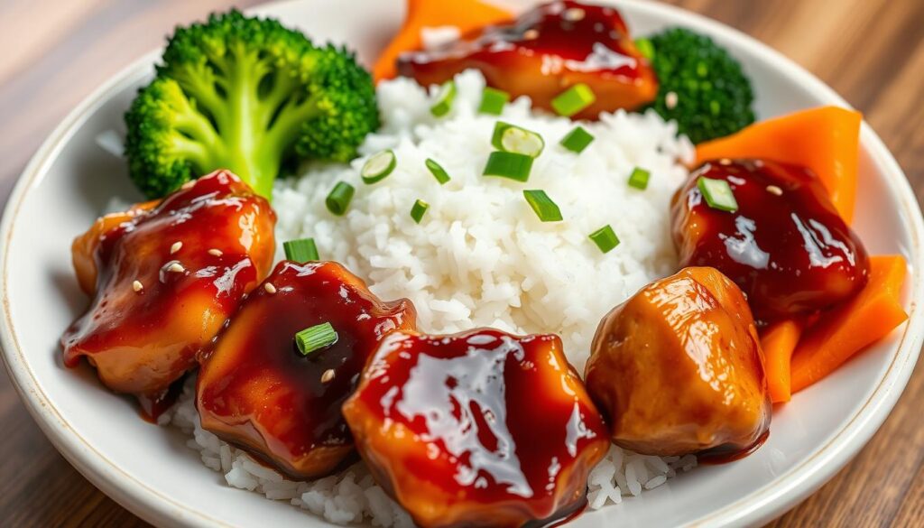 Finished teriyaki chicken dish with rice and vegetables Finished teriyaki chicken dish with rice and vegetables