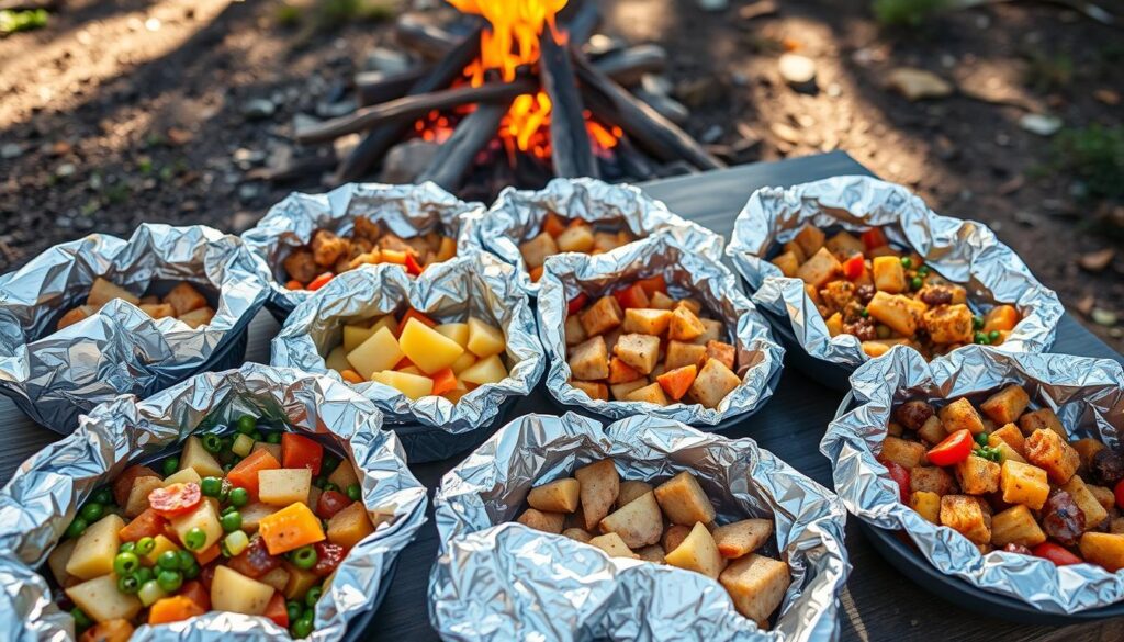 Foil packet meals with various ingredients ready to be cooked over a campfire Foil packet meals with various ingredients ready to be cooked over a campfire