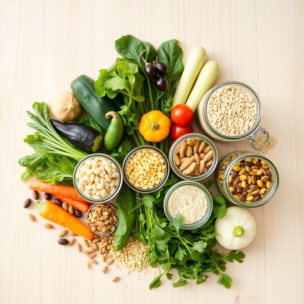 Fresh vegan gluten free ingredients including vegetables, legumes, nuts and gluten-free grains Fresh vegan gluten free ingredients including vegetables, legumes, nuts and gluten-free grains
