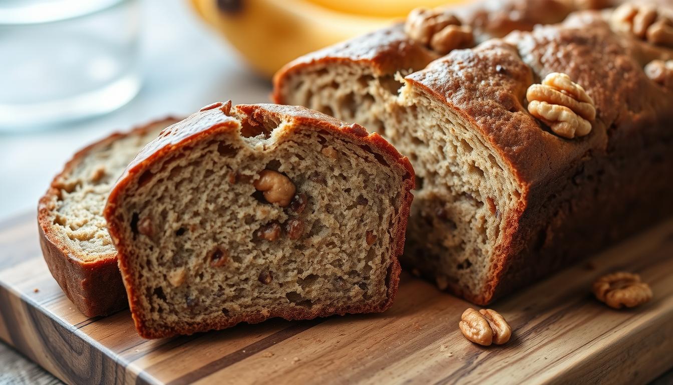 Freshly baked banana nut bread with walnuts on a wooden cutting board
