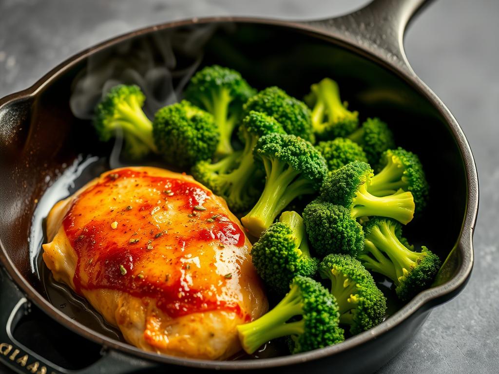 Garlic butter chicken with broccoli in a skillet