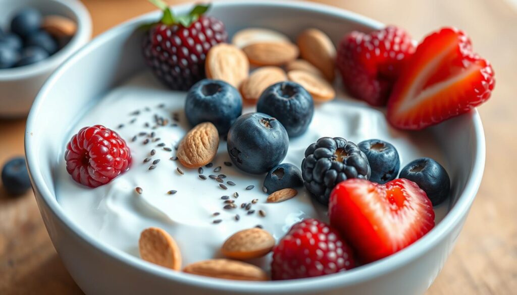 Greek yogurt protein bowl with berries, nuts and seeds