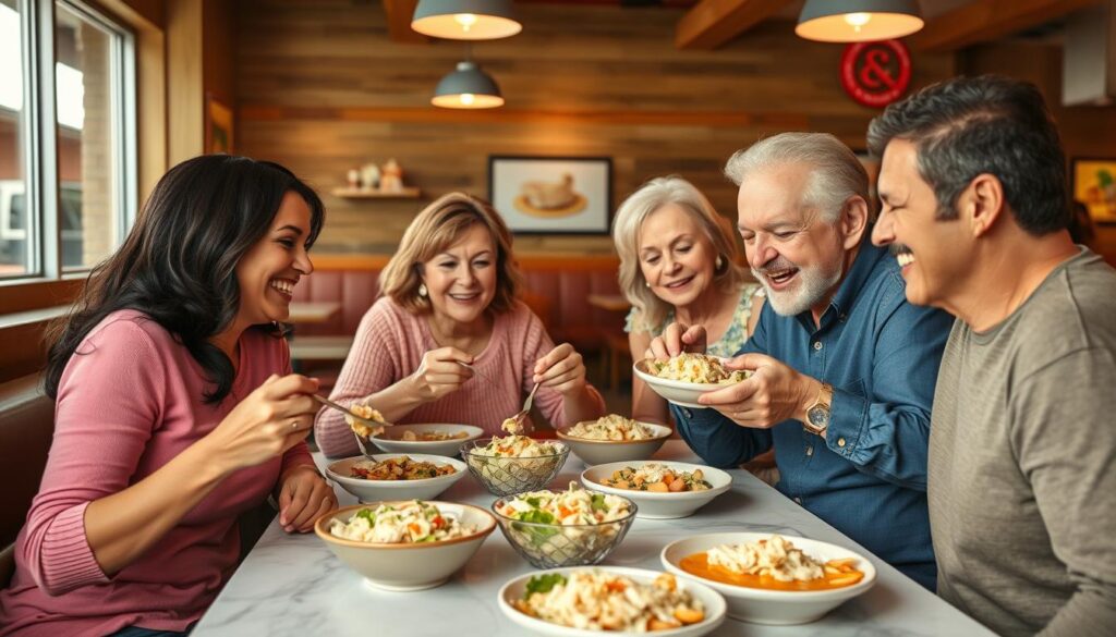 Happy family enjoying a meal together at Chicken Salad Chick Happy family enjoying a meal together at Chicken Salad Chick