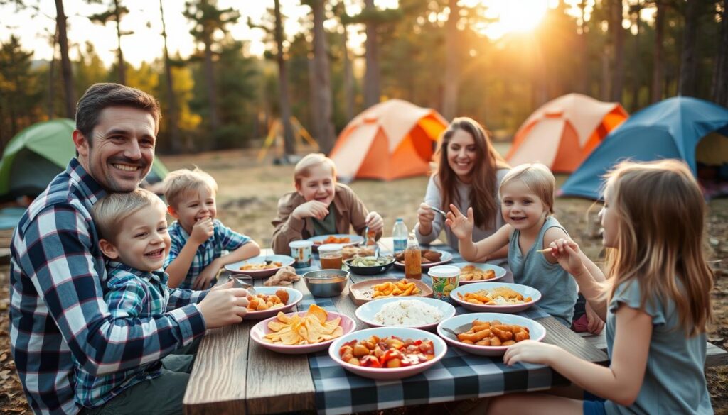 Happy family enjoying a meal together at a campsite with food spread out on a picnic table Happy family enjoying a meal together at a campsite with food spread out on a picnic table