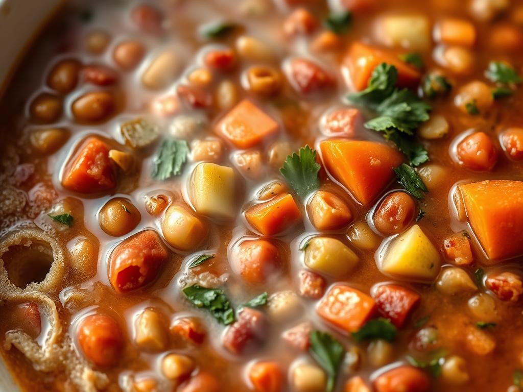 Hearty lentil and vegetable soup in a bowl with herbs garnish Hearty lentil and vegetable soup in a bowl with herbs garnish