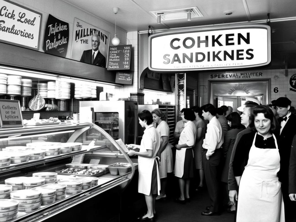 Historical black and white photo of an Italian-American deli from the 1950s